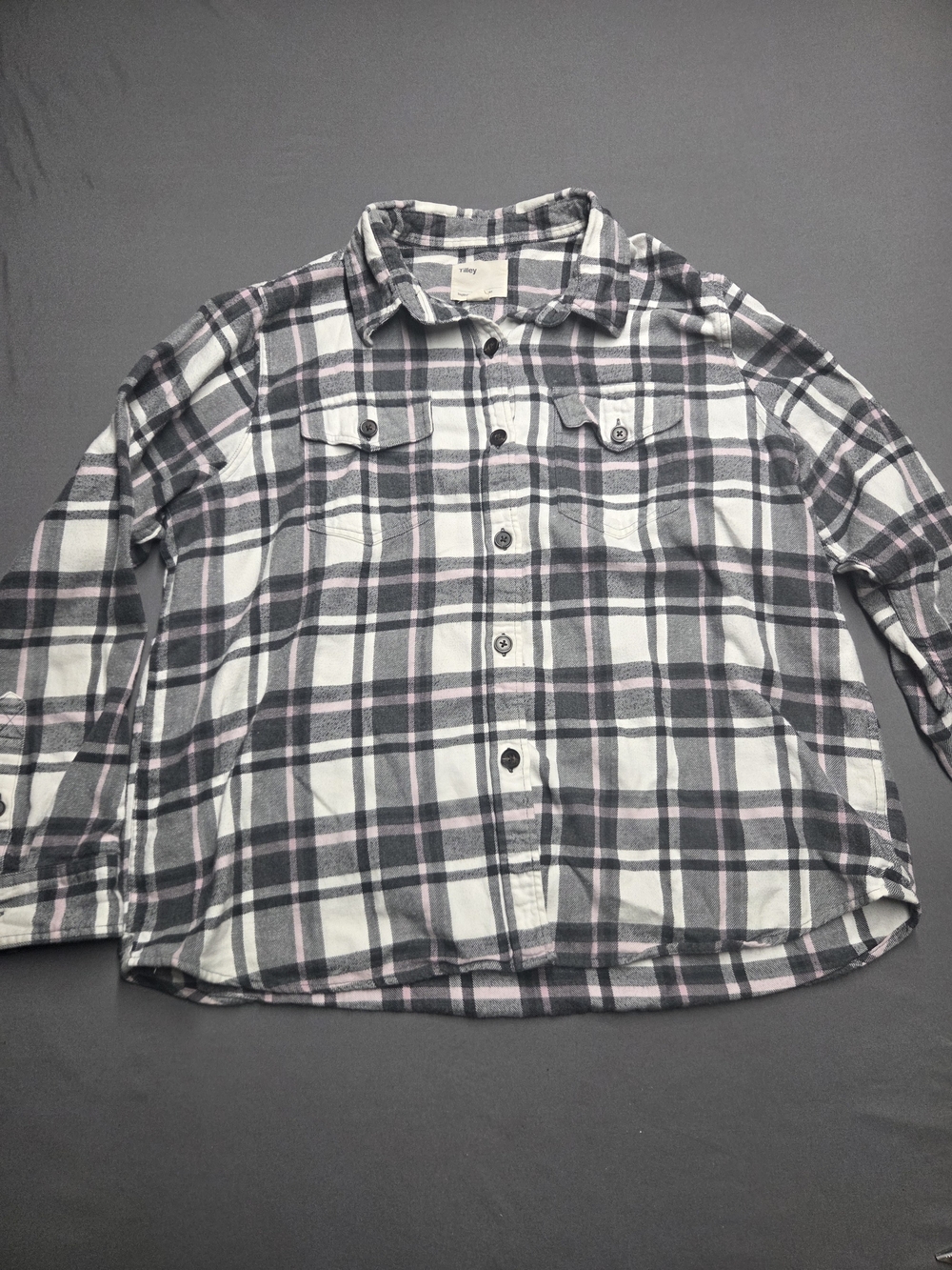 Tilley Inspired by Life Out of Doors Grey Pink Plaid Flannel Shirt Women's XL